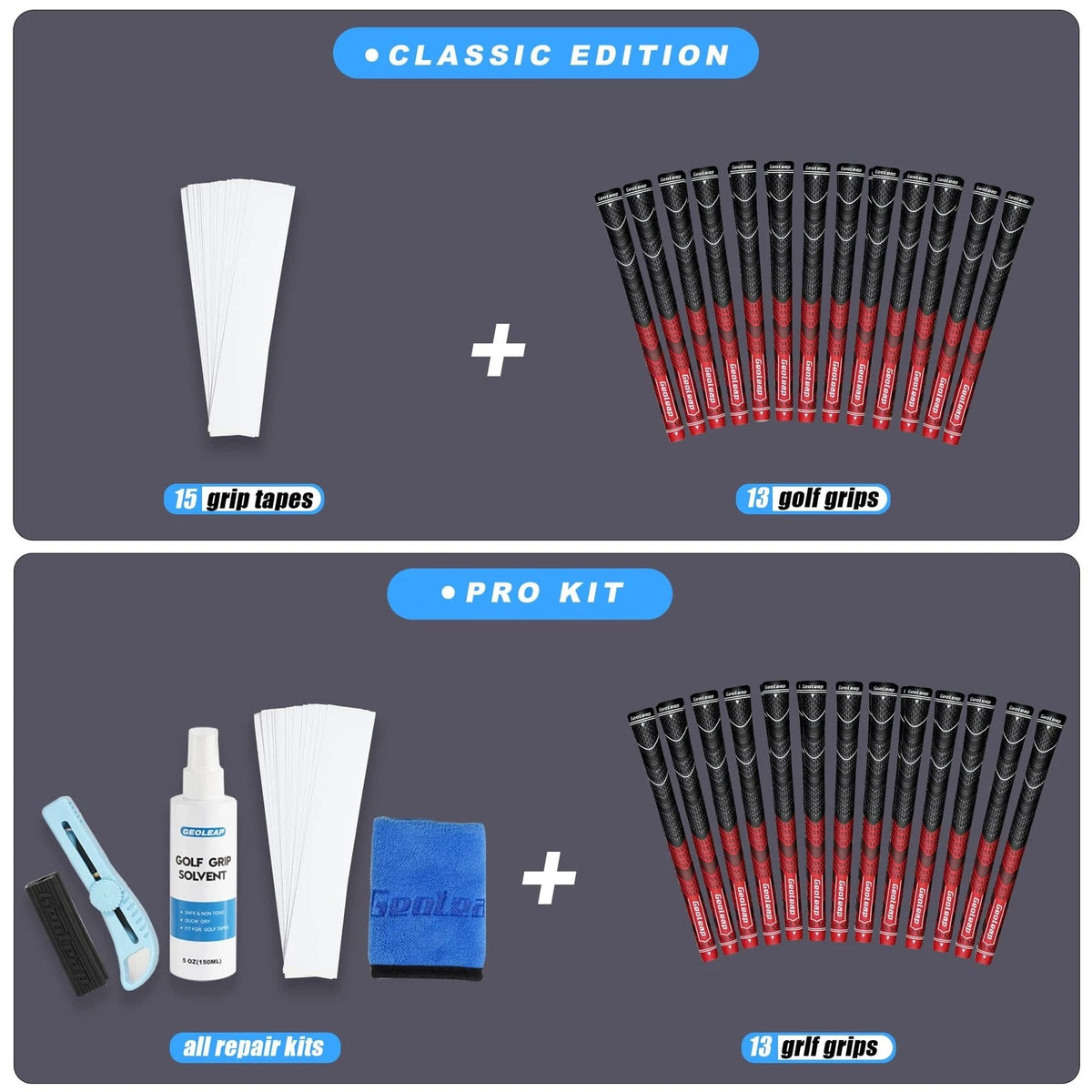Geoleap Golf Grips Set of 13- Midsize, Red(Grips with All Repair Kits)