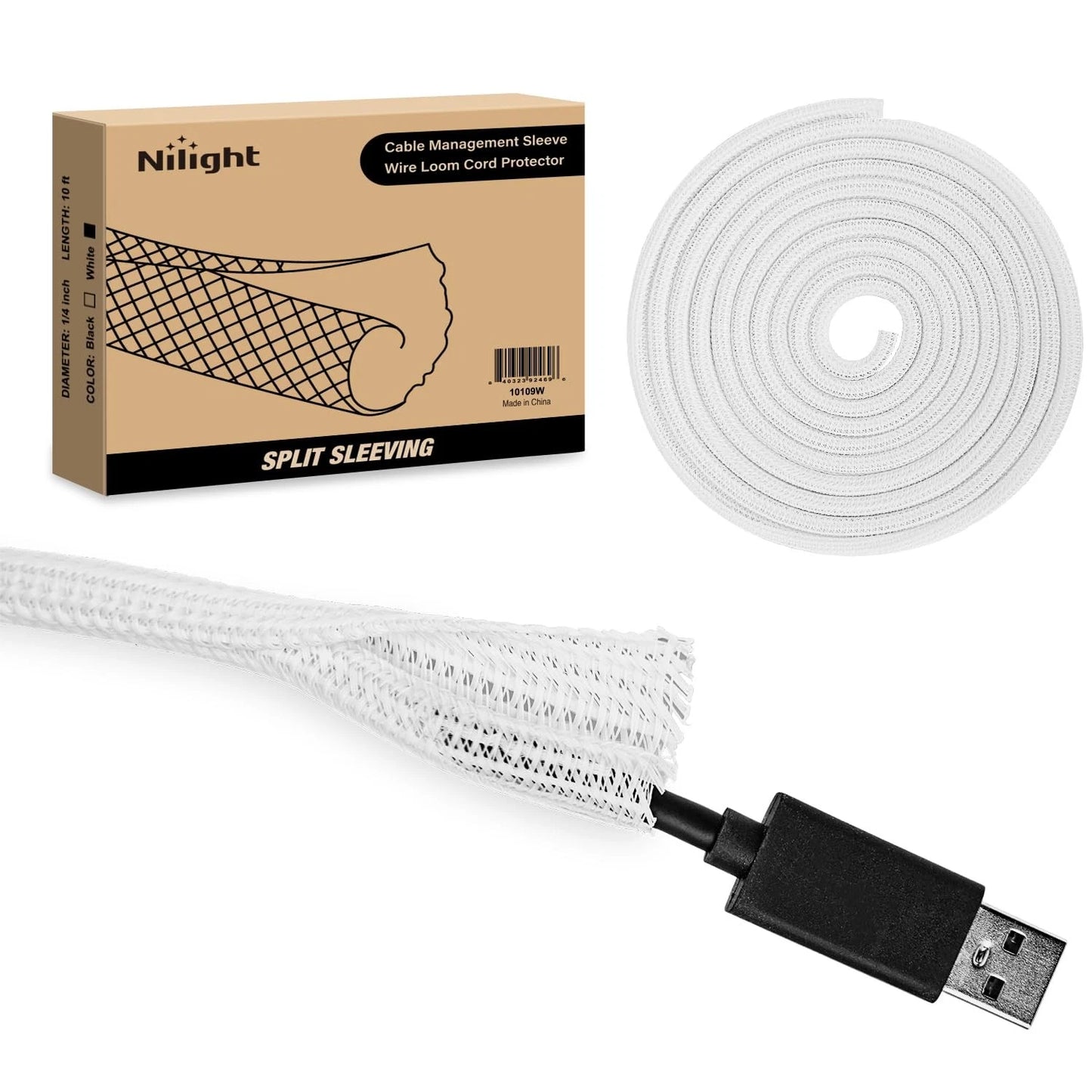 Nilight Cable Sleeve,10ft-1/4inch Cord Management Sleeves, 1/4"-10ft, White