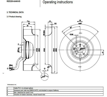 R2E220-AA40-05 Ebmpapst Centrifugal Fan AC 230V 0.40A 90W Control Cabinet Fan