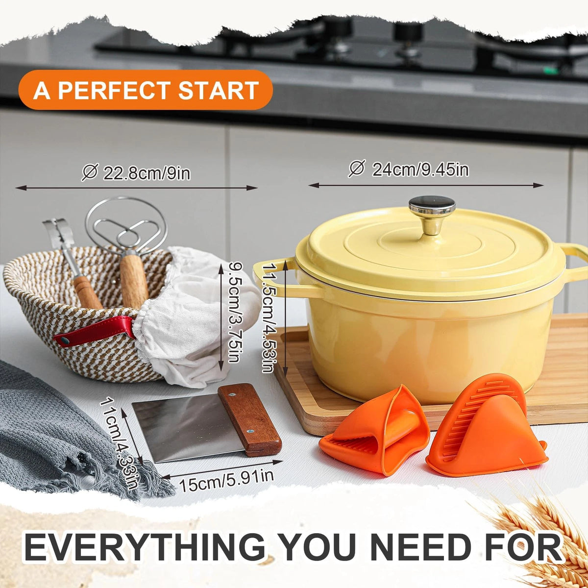 Honeydak 7 Pack 12" x 5" (Dutch Oven), 8" x (Proofing Basket), Yellow