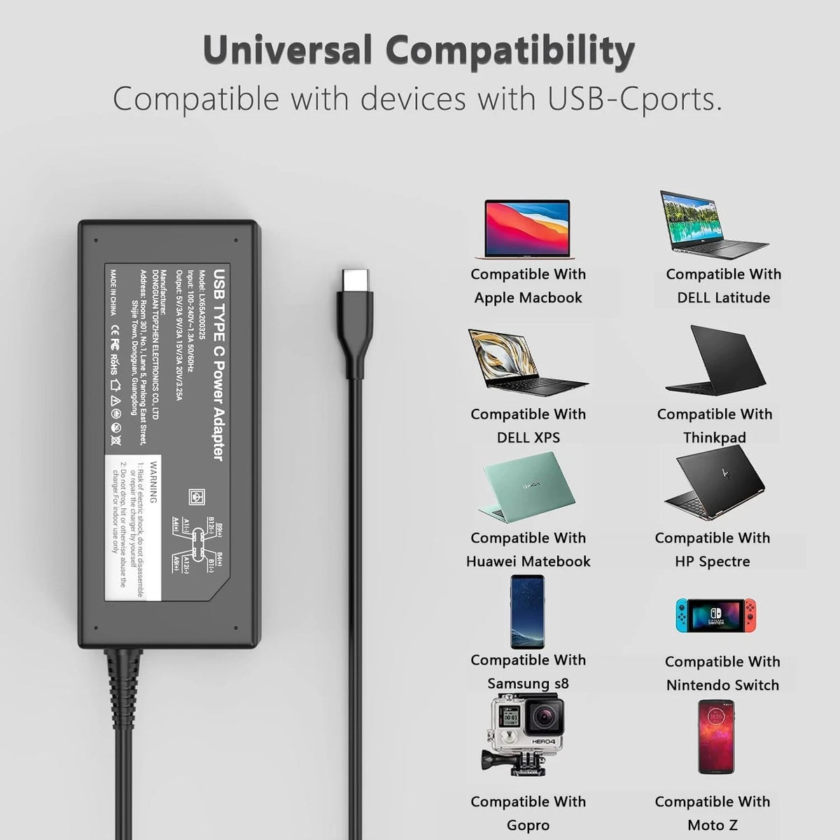 Universal Chromebook Charger-45W USB-C Power Adapter Compatible 45W USB C