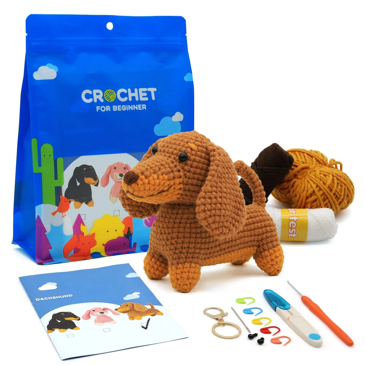 Nikolle Dachshund Crochet Kit for Beginners, Amigurumi Animal Dog, Brown