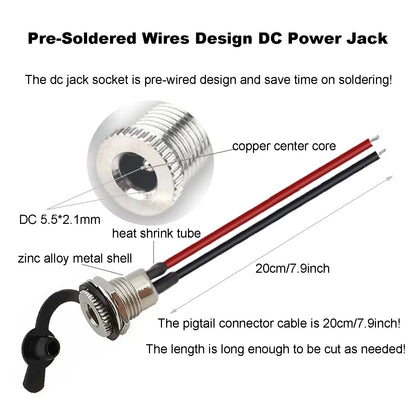 Eightnoo 5Pcs 5.5 x 2.1 mm DC Power Jack Socket, Real 18AWG 5.5mm x 2.1mm