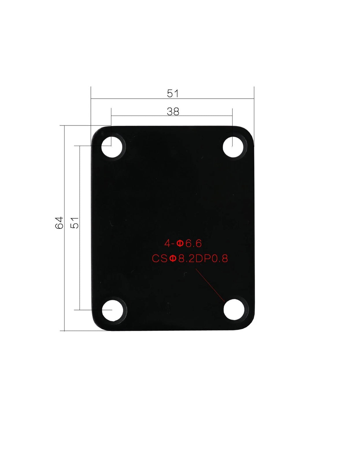 Metallor Guitar Neck Plate Standard 4 Holes with Screws 64mm x 51mm Black