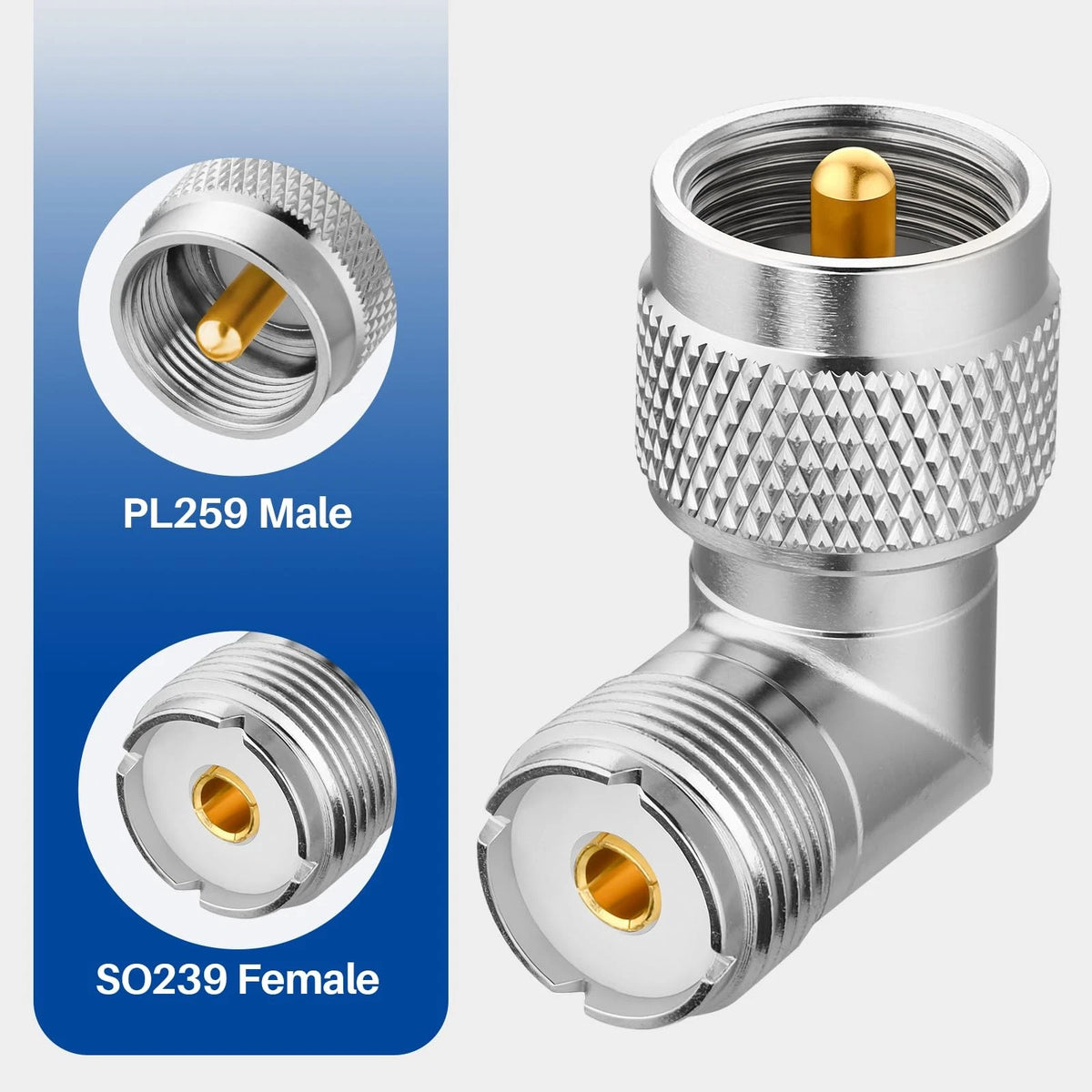 RFAdapter PL259 Right Angle, 2 Pack UHF Male to Female Coax 2-Pack, silver
