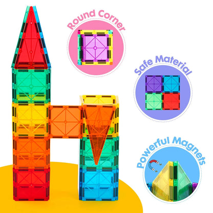 Gemmicc 100 PCS Magnetic Tiles with 2 Cars, STEM Approved 100 pcs, Multicolor