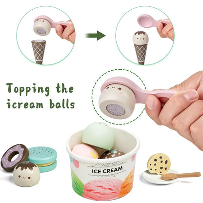 Wooden Ice Cream Toy, 3-in-1 child-size, White, Pink, Green, Brown