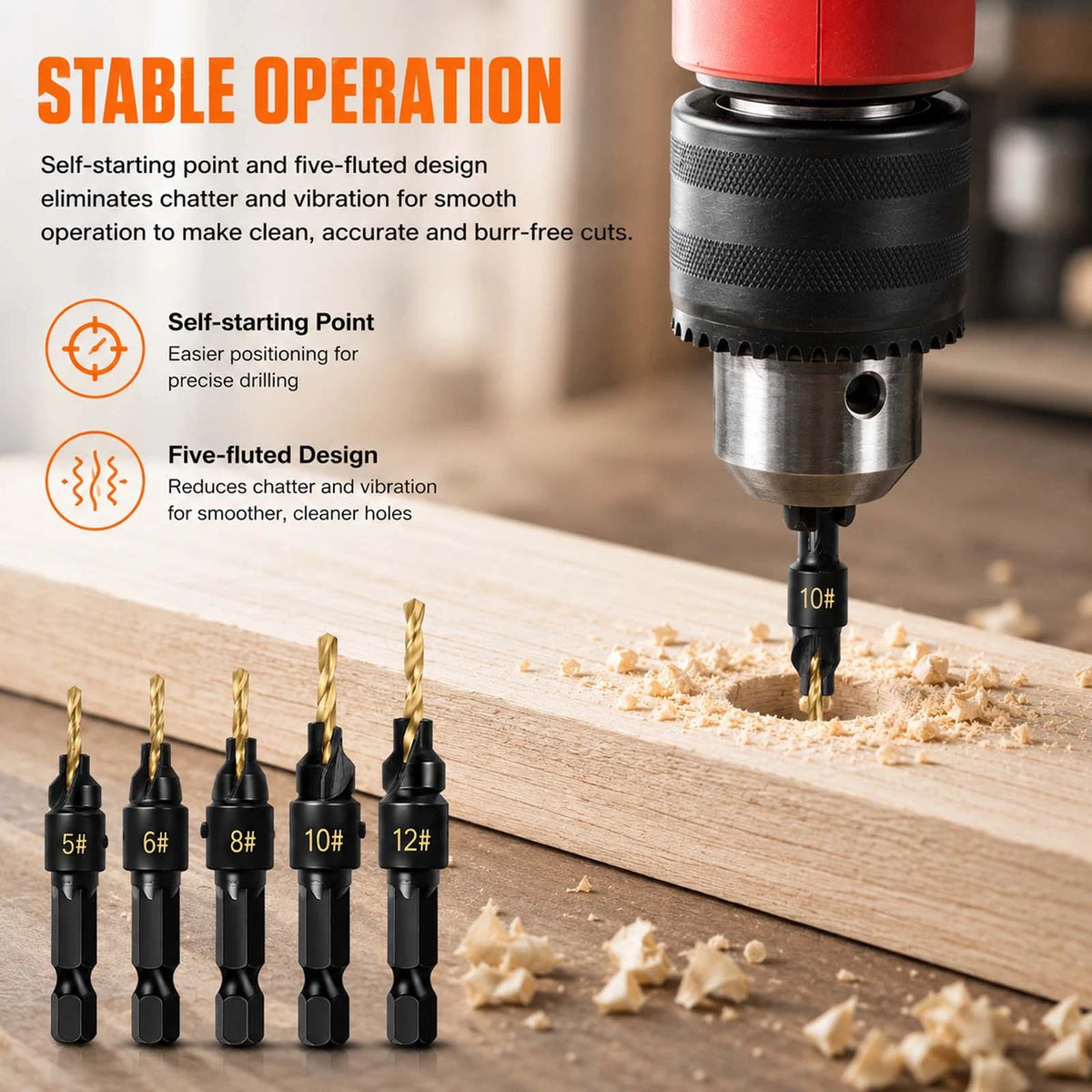 12-Piece Countersink Drill Bit Set One-Step Drill & Countersink, 1/4" Hex Shank