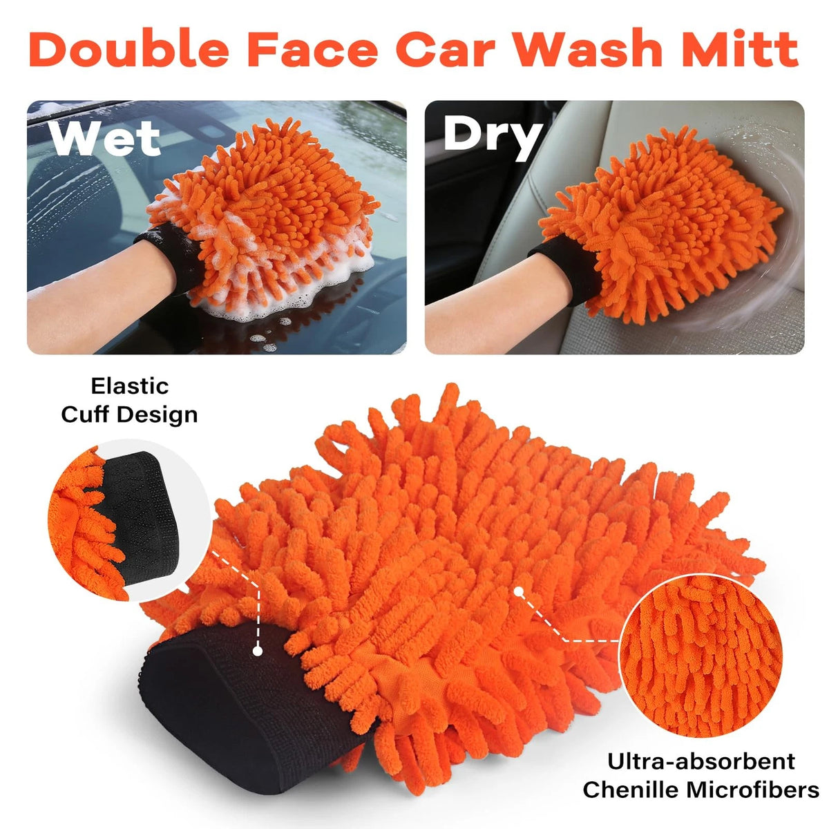 ACTREY Car Wash Brush with Long Handle,Car Clean 6-in-1 Kit, Orange