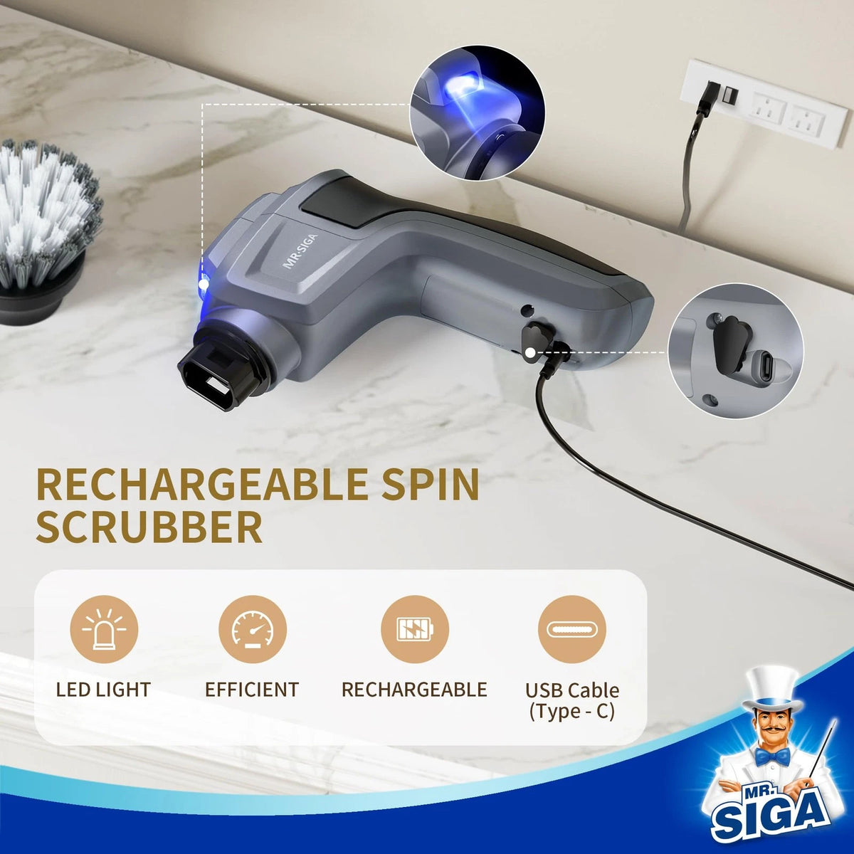 MR.SIGA Electric Spin Scrubber for Kitchen and Bathroom 5.9 x 6.0 inch, Gray