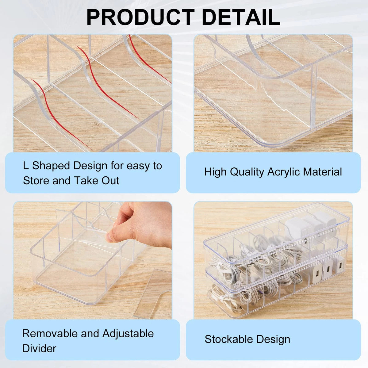 Tatuo 1 Pcs Cable Organizer Box with Wire 10.79'' X 3.78'' X 1.97'', Clear