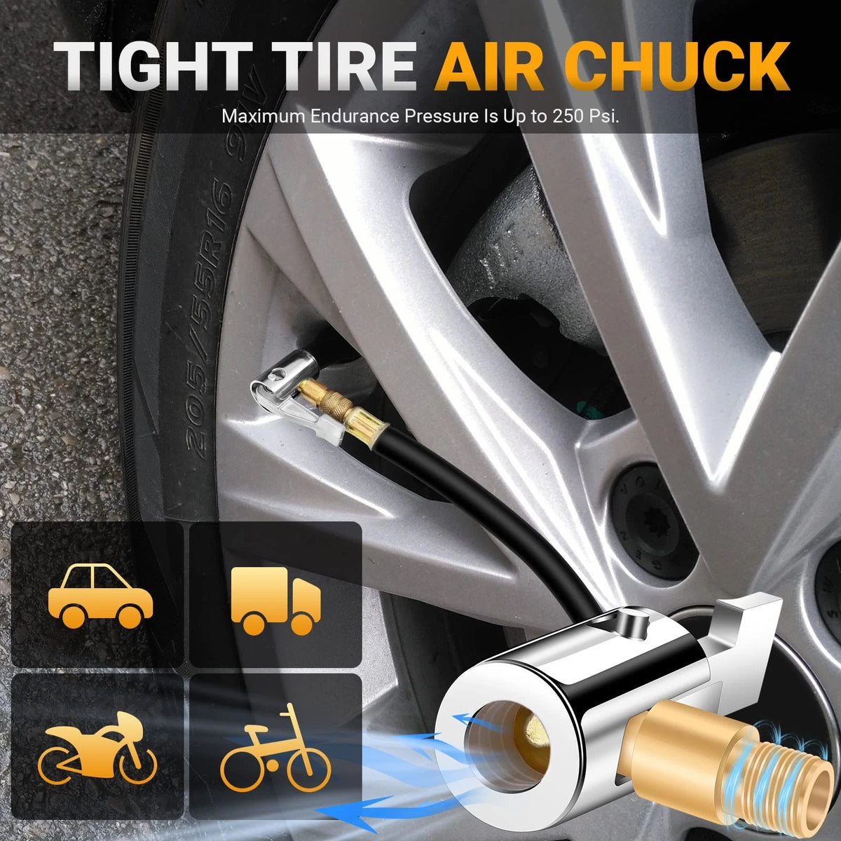 LUMITECO All Metal Lock On Air Chuck Tire Golden Thread, Thread