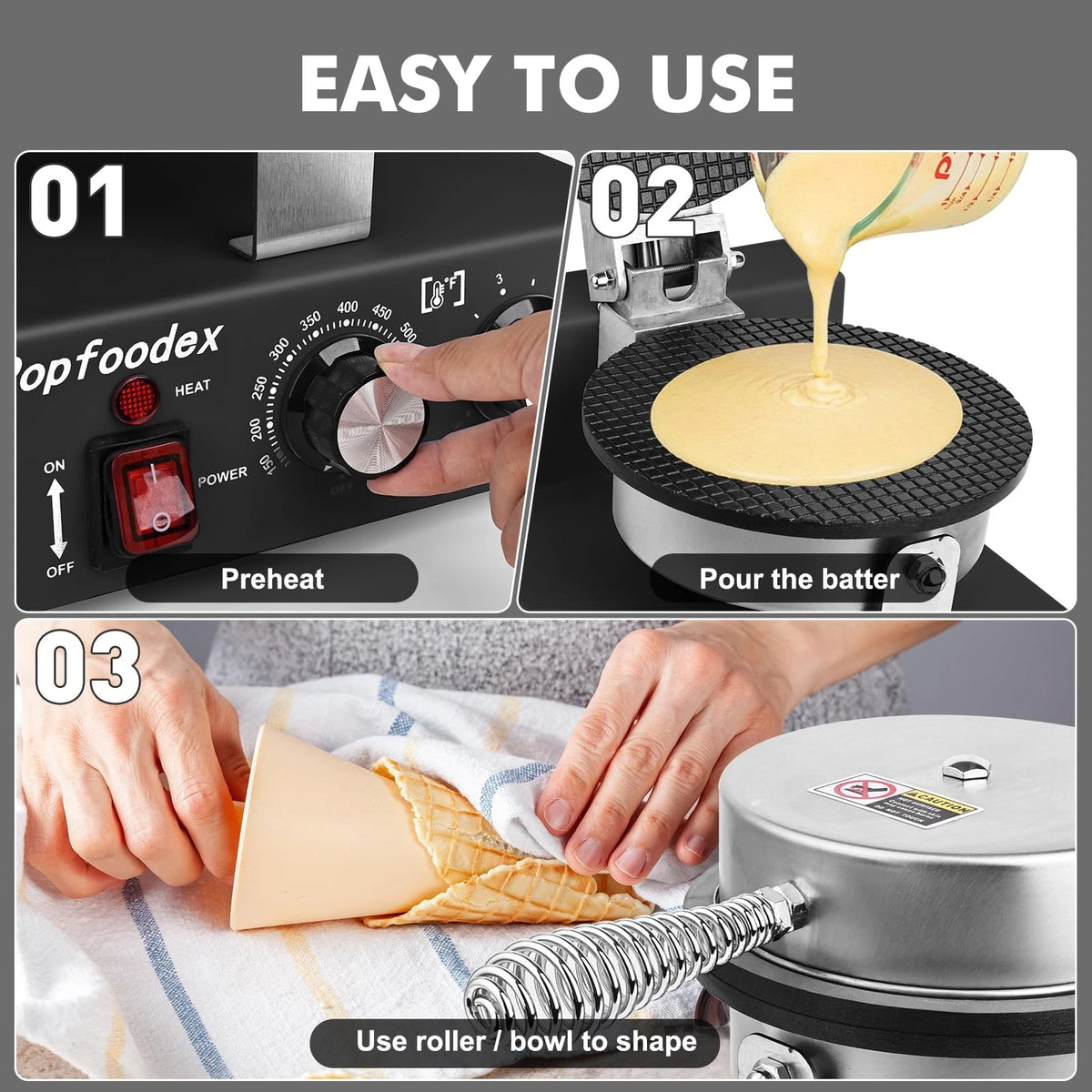 Popfoodex Commercial Waffle Cone Maker - 1200W Single Round, Black