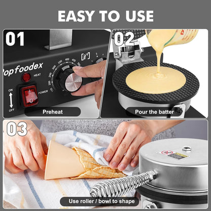 Popfoodex Commercial Waffle Cone Maker - 1200W Single Round, Black