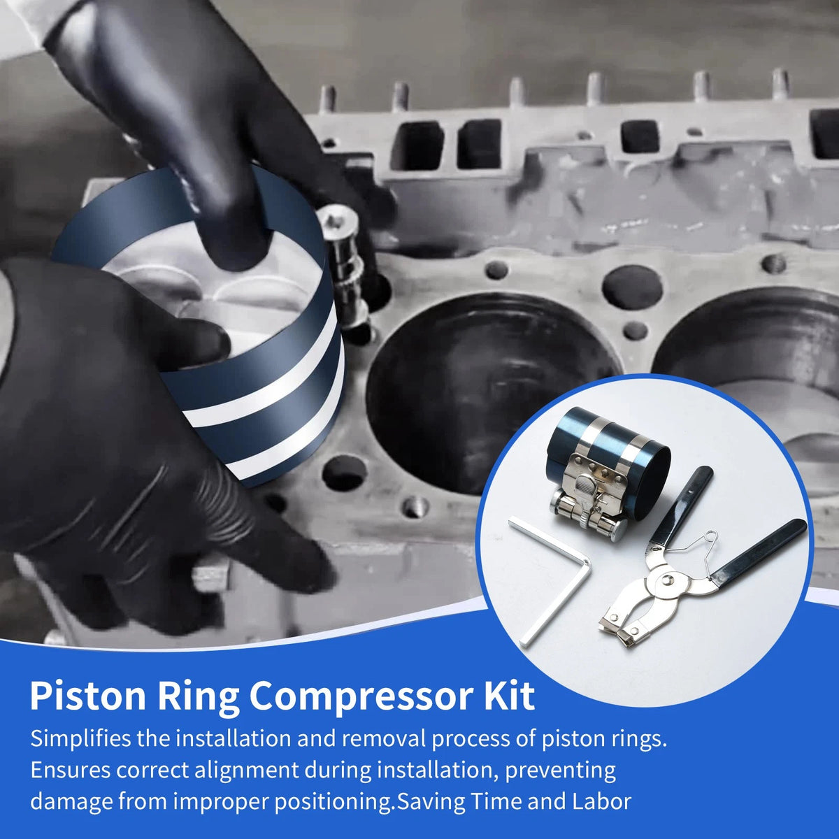 Non-slip Piston Ring Compressor Tool Set with Pliers & Wrench for Engine Rebuild