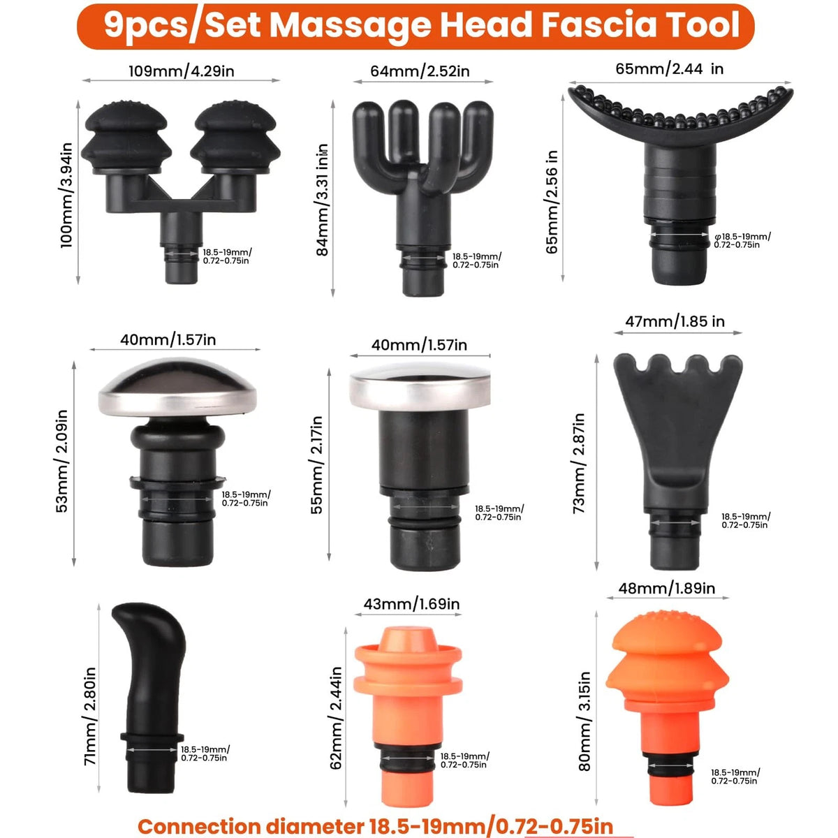 9Pcs Replaceable Massage Gun Heads - Deep Tissue free size, Black + Yellow