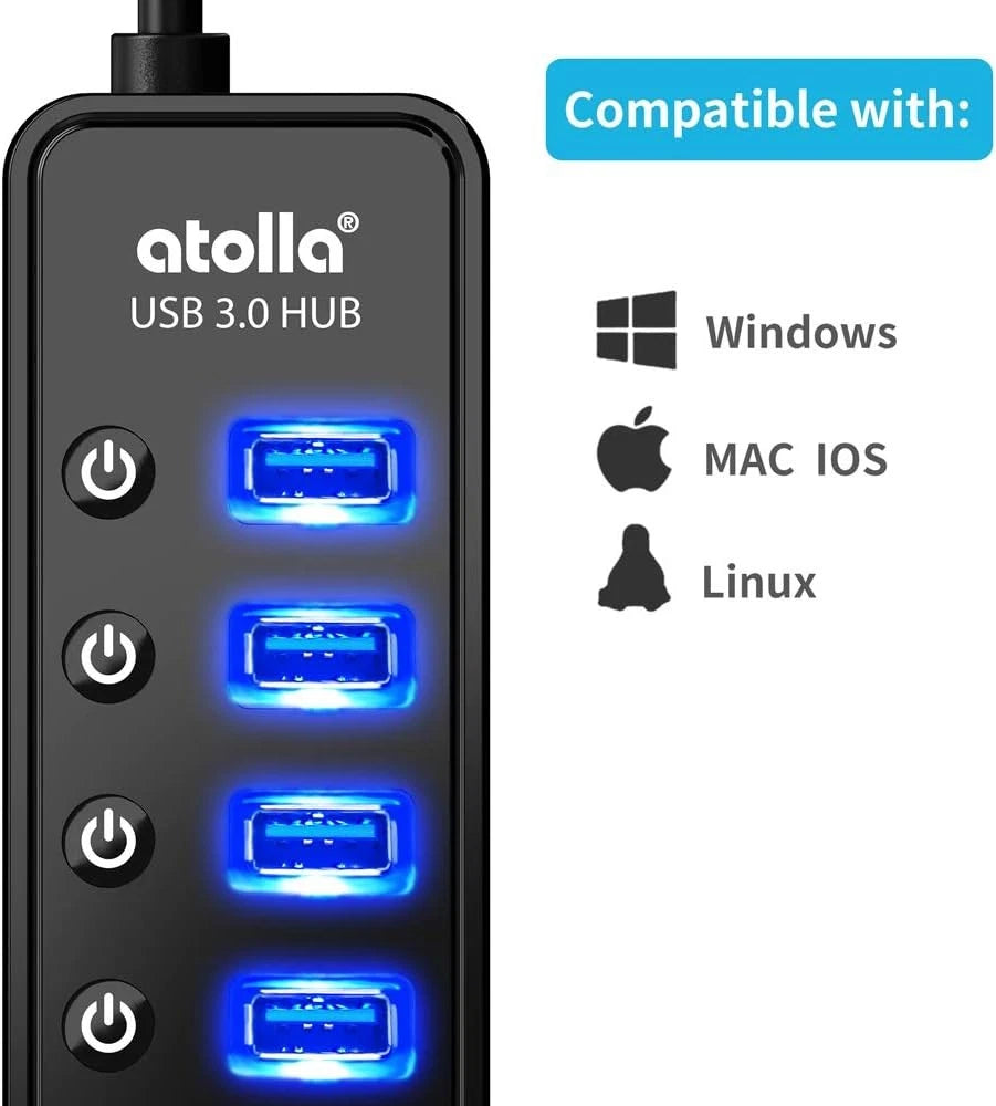 Powered USB Hub 3.0, Atolla 7-Port Data Splitter with One Smart black