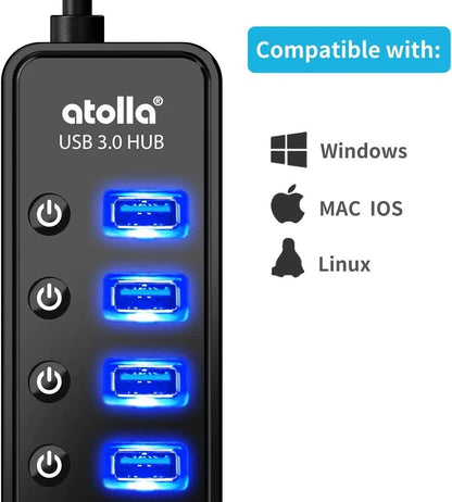 Powered USB Hub 3.0, Atolla 7-Port Data Splitter with One Smart black