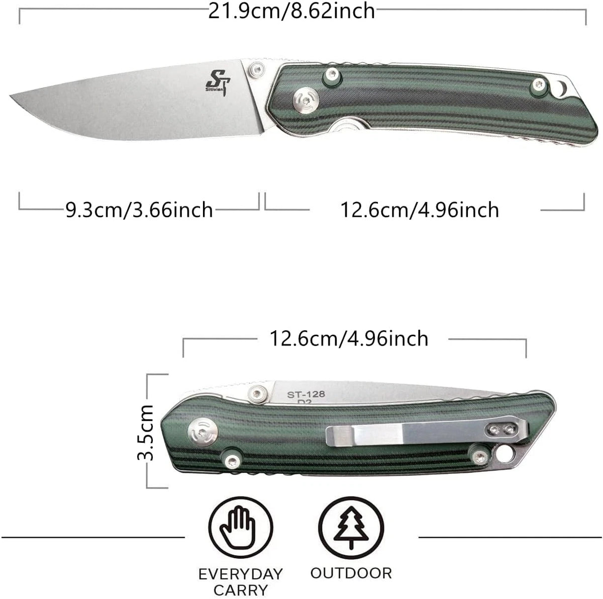 Sitivien ST128 Folding Knife,D2 Blade G10 Handle Safety Liner Lock EDC Green