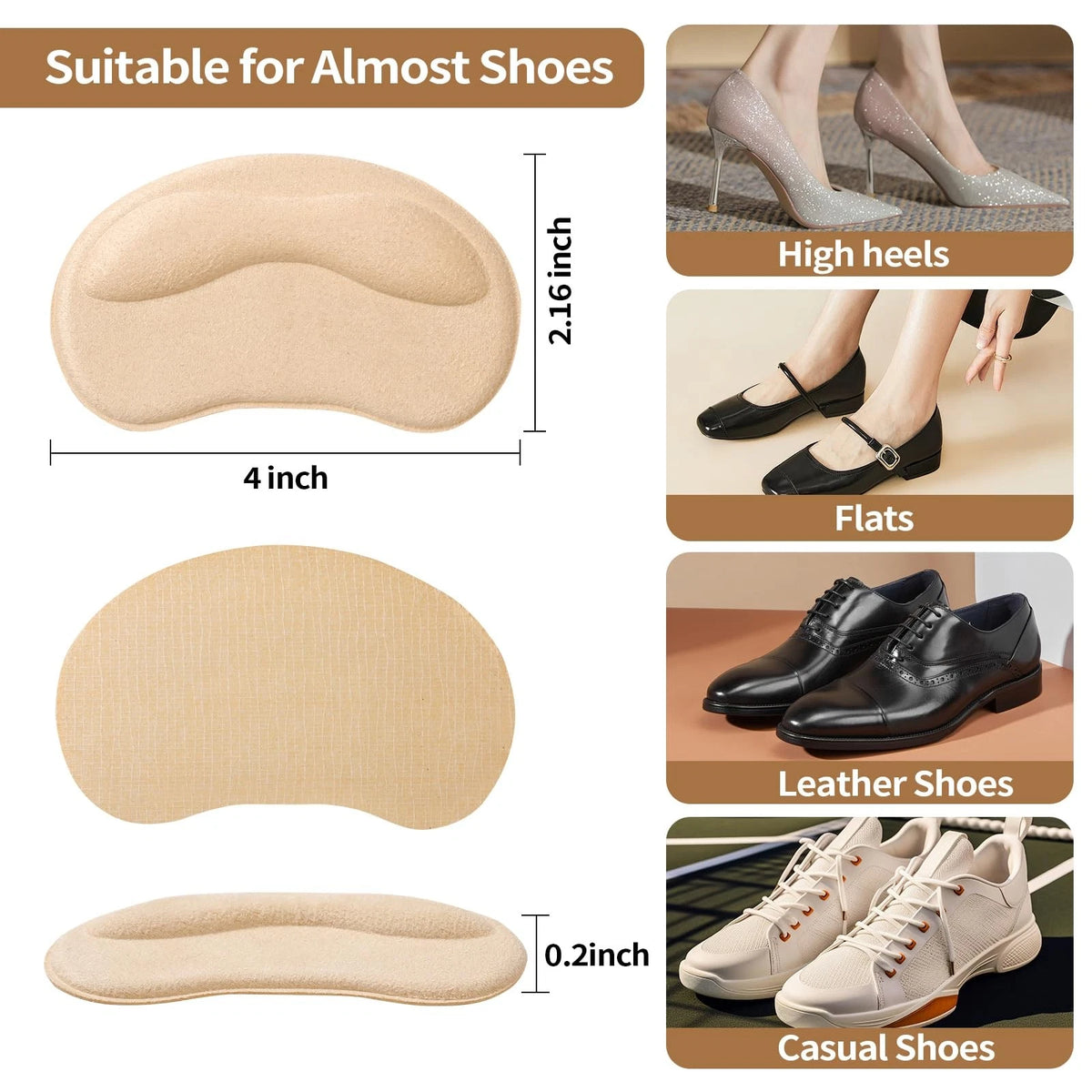 GQTJP Heel Pads Cushion Inserts for Loose Shoes, Grips & 6 Pairs, Black