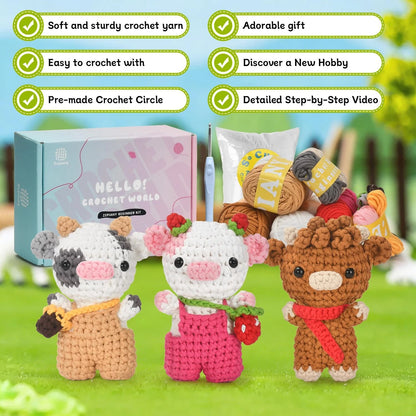 Zepiany Crochet Kit for Beginners 3 PCS Amigurumi Animal Cows cow kit