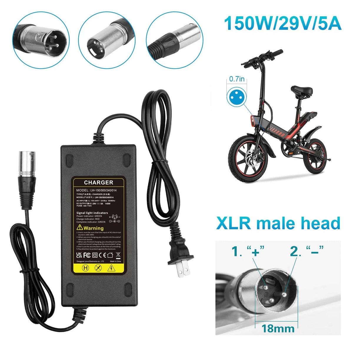 24V 5A 3-Pin Male XLR Connector Battery Charger for Lakematic, Pride Black