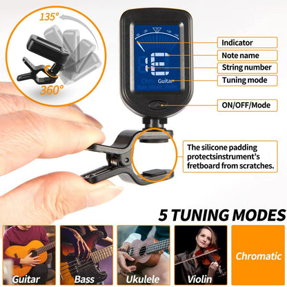 Guitar Tuner Clip On Ukulele 1 Pack for Bass Black 1