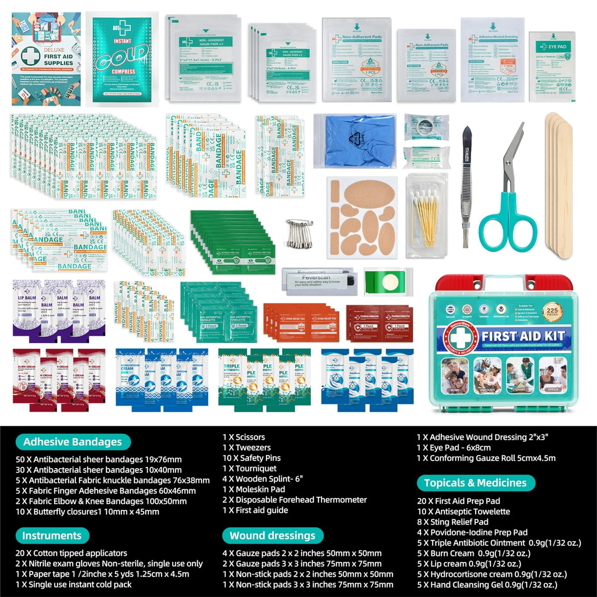 SuccorWare 225 Pieces First Aid Kit, Includes Ice Pack, Adhesive Bandages,...