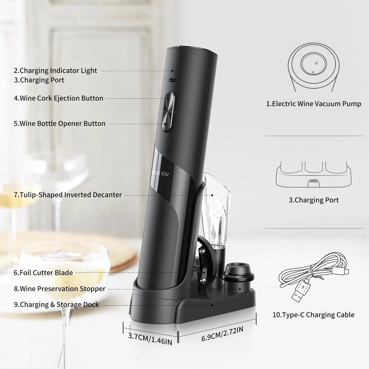 CIRCLE JOY Rechargeable Wine Opener 7-in-1 Set with Charging Base, Black
