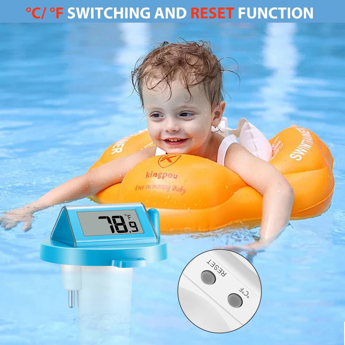Solar Pool Thermometer Floating Easy Read - IPX8 Waterproof Digital Blue