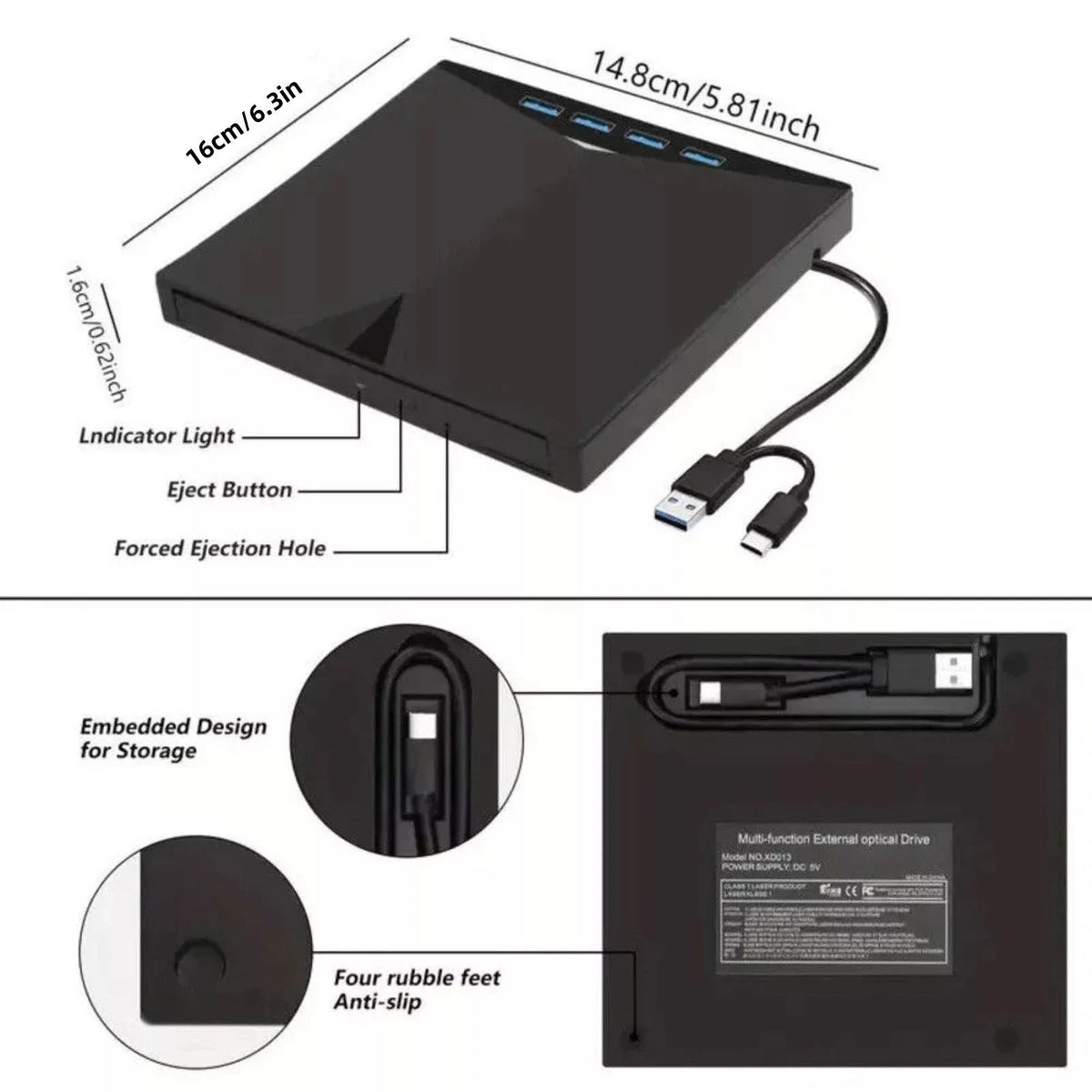 Slim External CD DVD Drive USB 3.0 Reader Writer Burner Player For Laptop