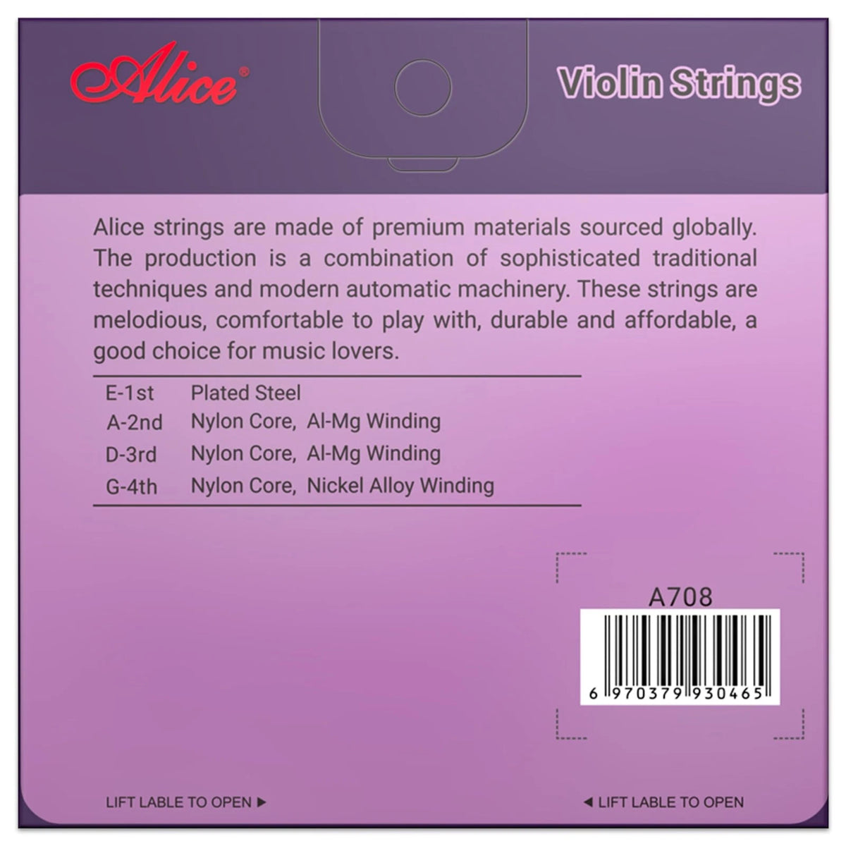 Violin Strings, Alice 4/4 Strings Full Set Nylon core, Multicolor