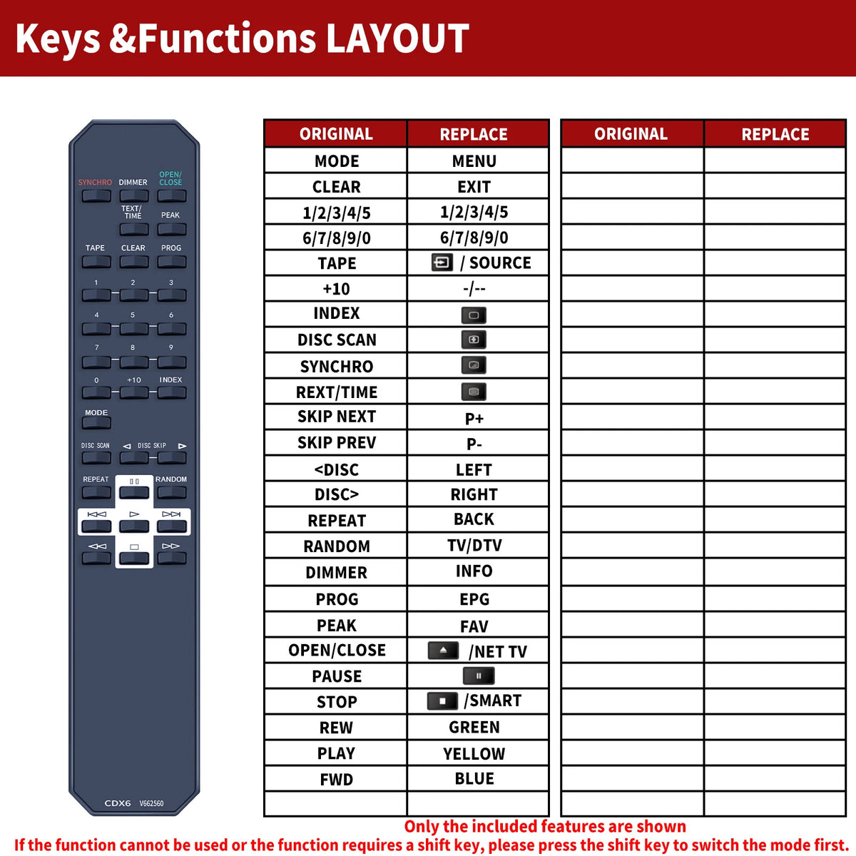 CDC6 V662560 Replacement Remote Control For Yamaha CDC-506, CDC-585