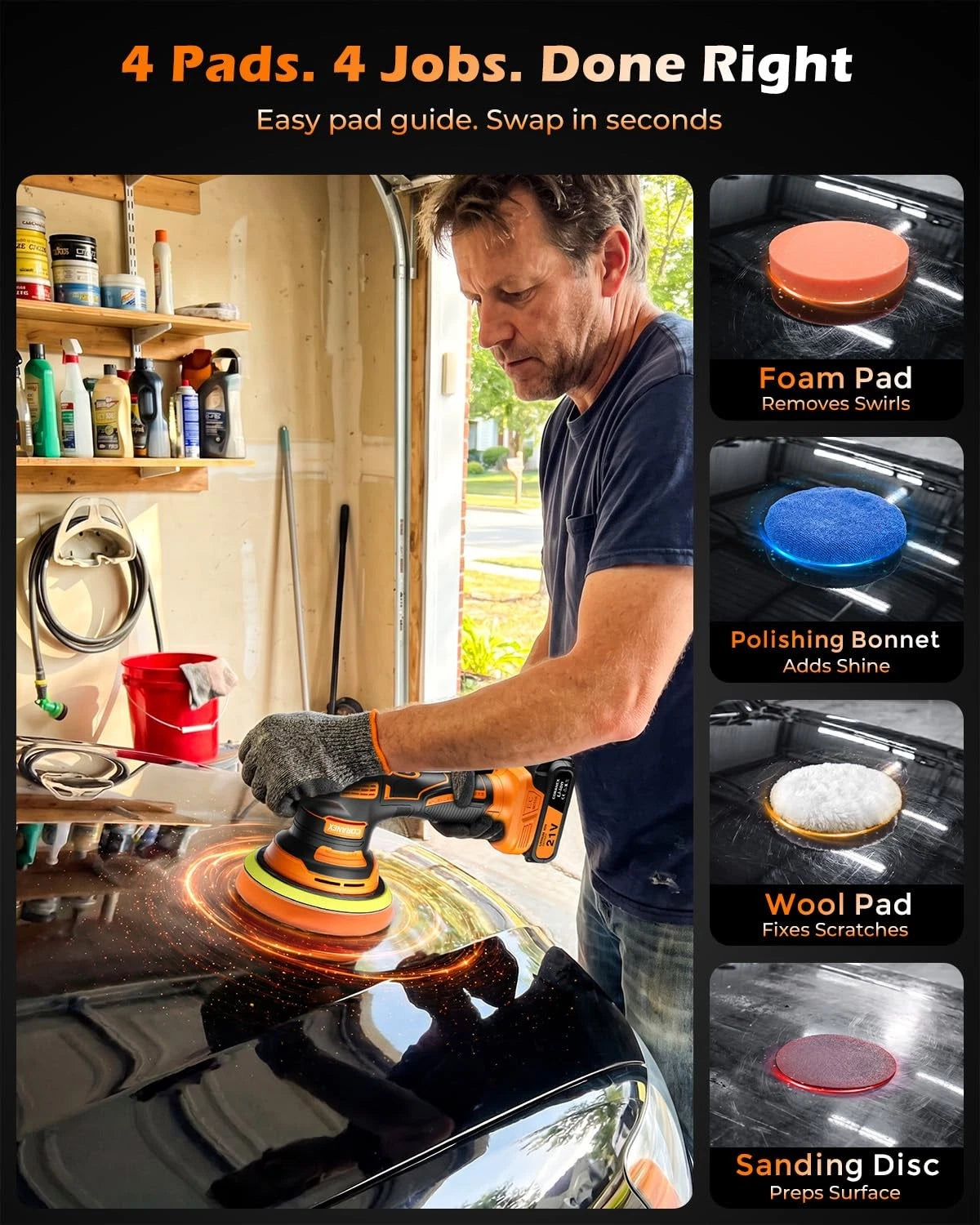CORANEX 8-Speed Cordless Car Buffer Polisher Kit, 28 PCS Complete Kit Orange