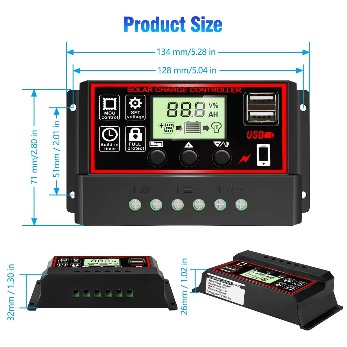 [Upgraded] 30A Solar Charge Controller, Black Panel 30A, red|black