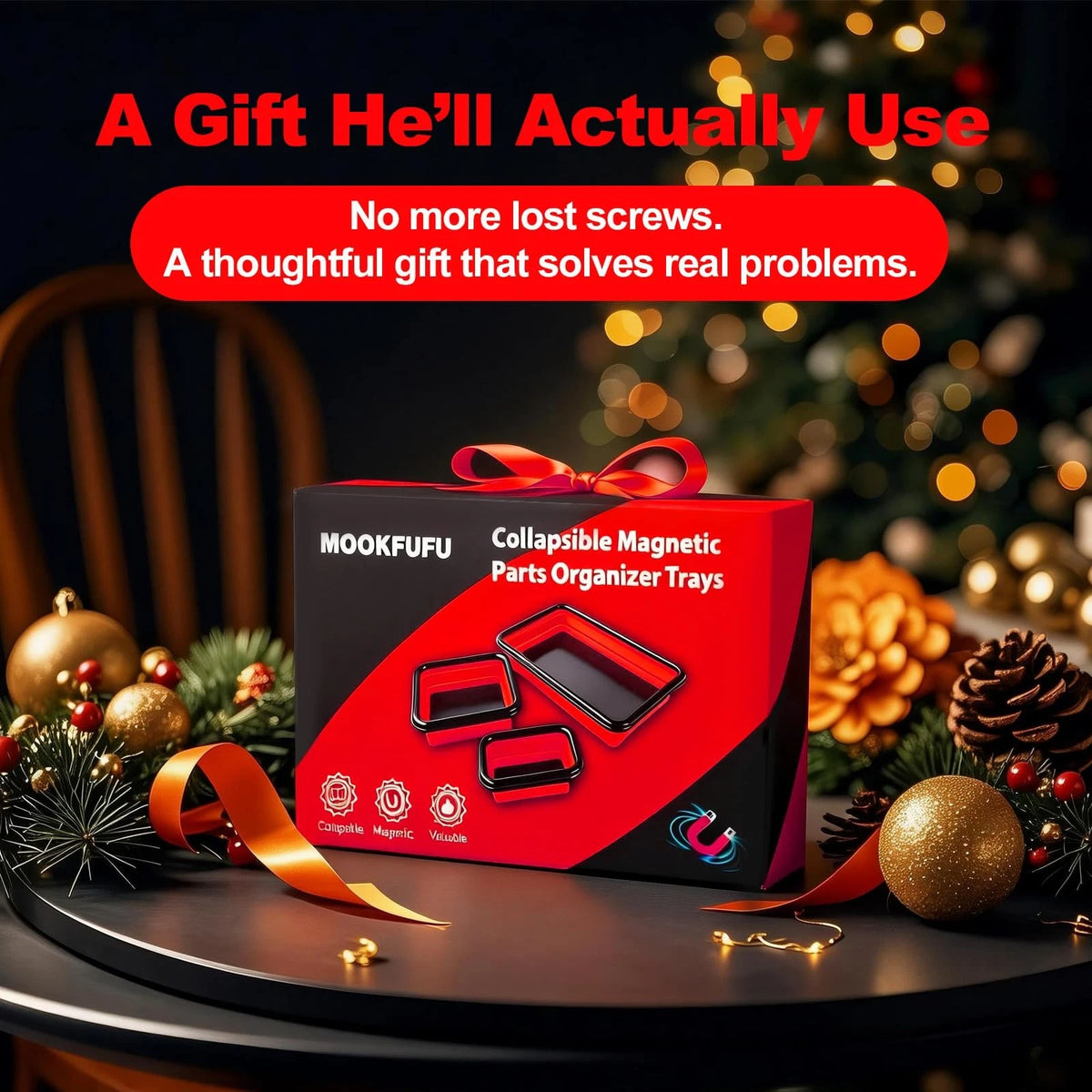 Collapsible Magnetic Parts Tray Set with Extra Strong Magnet Up to 18LB, Red