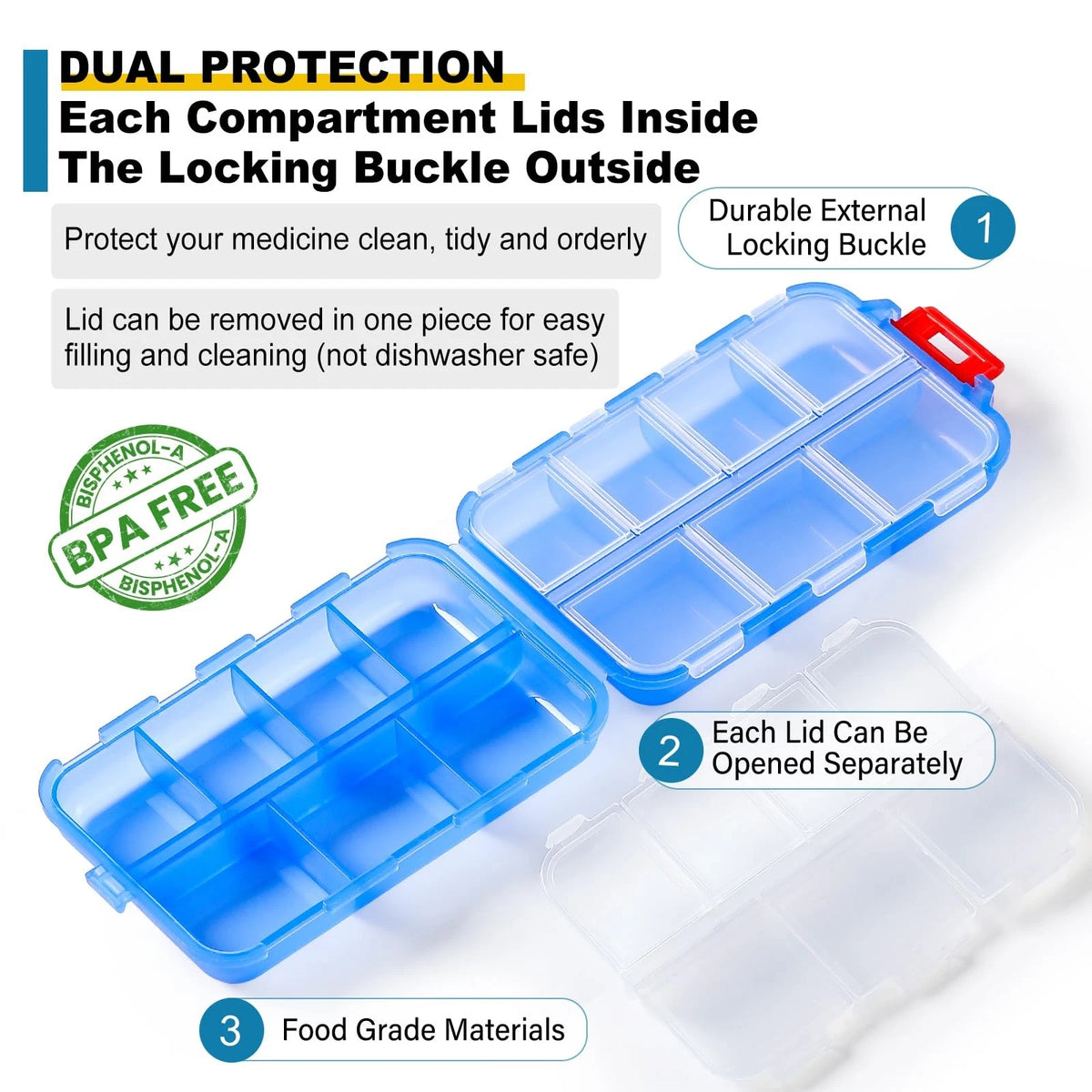 14 Grids Travel Pill Organizer Box with Bulk Med Labels, Clear-blue
