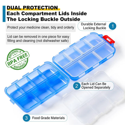 14 Grids Travel Pill Organizer Box with Bulk Med Labels, Clear-blue