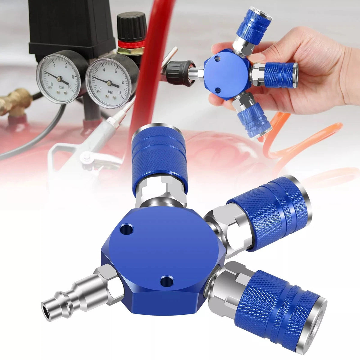 1* 3 Way Quick Connect Air Manifold Air Hose Splitter Durable 1/4" Air Tool Blue