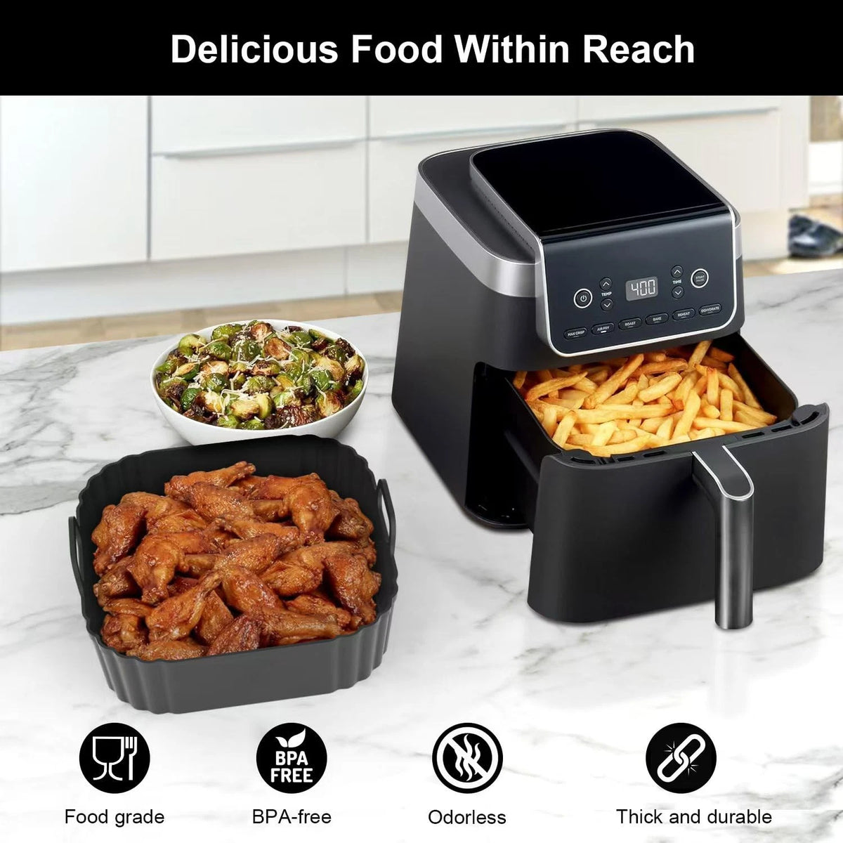 PINTAUR Square Silicone Air Fryer Liners 2 Pack, Compatible 5-6.5QT, Black
