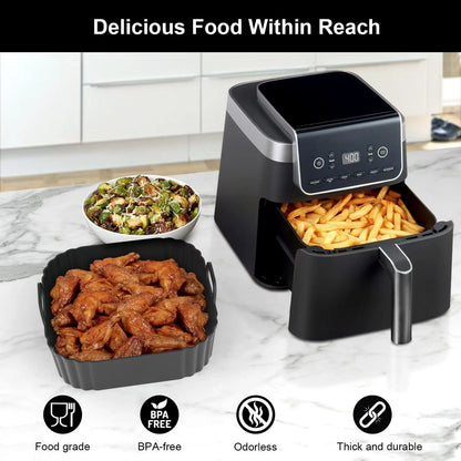 PINTAUR Square Silicone Air Fryer Liners 2 Pack, Compatible 5-6.5QT, Black