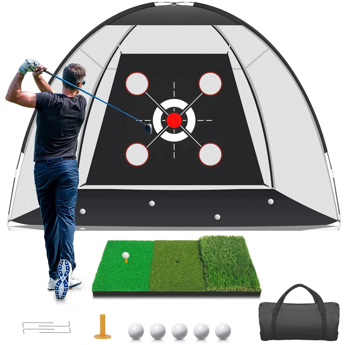 KLAODOT Golf Net with Practice Mat,Golf Hitting 10*7, Black/White/Red/Green