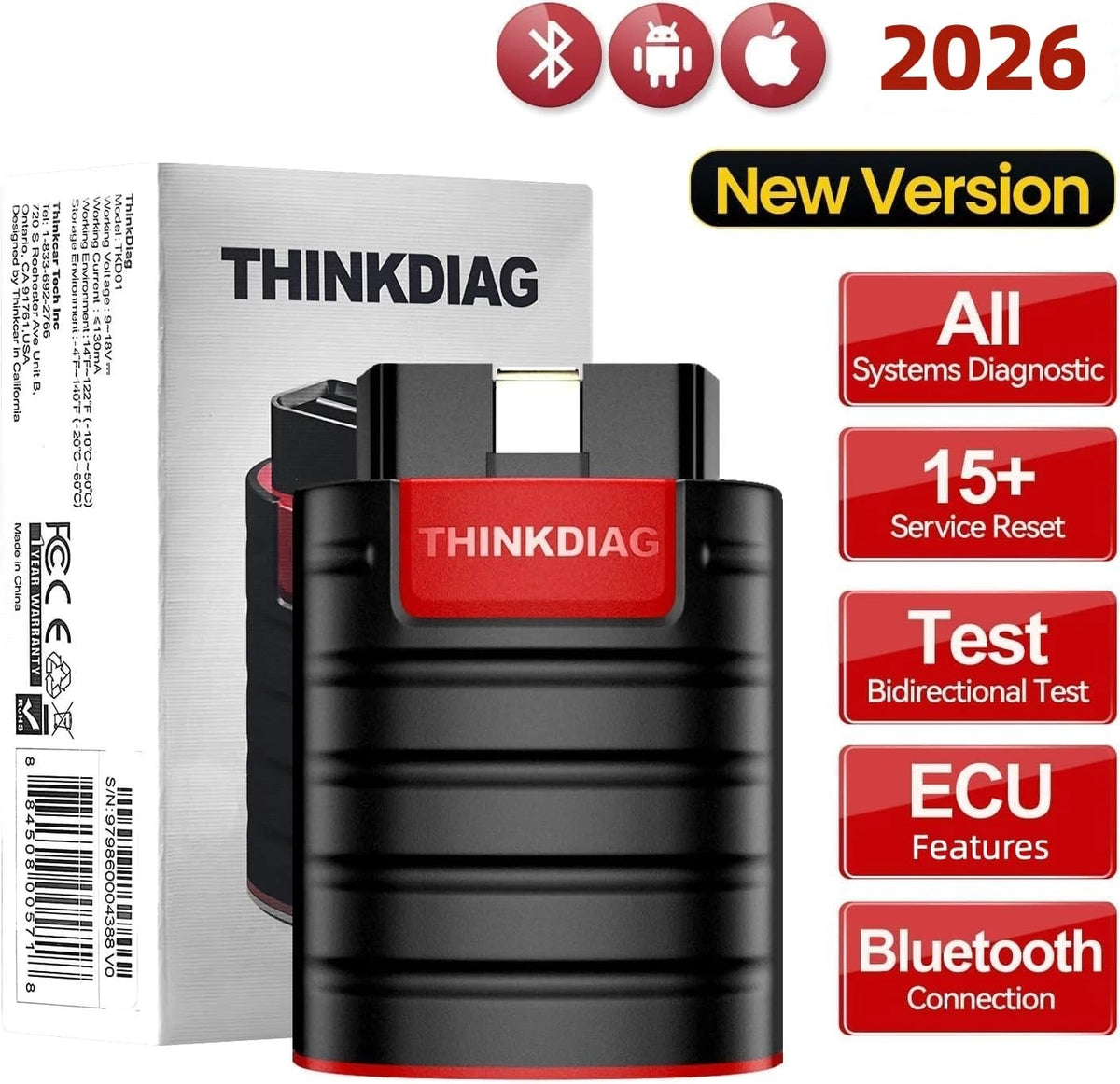 Thinkdiag OBD2 Scanner Bluetooth Full System Portable, Red and Black