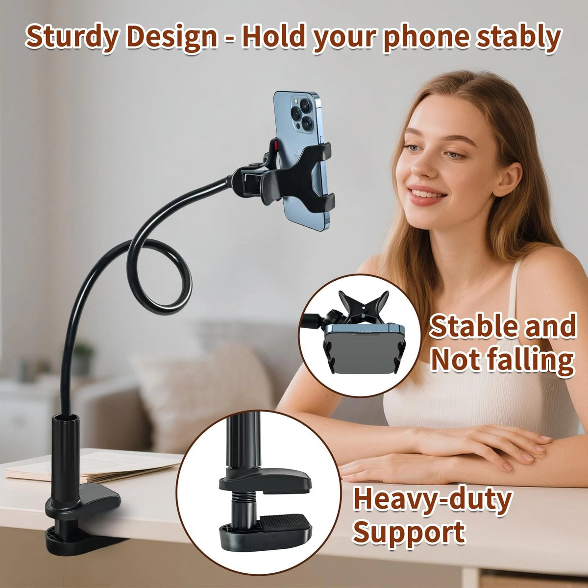 Gooseneck Phone Holder for Bed - Cell Mount Clamp Clip, 360° Black