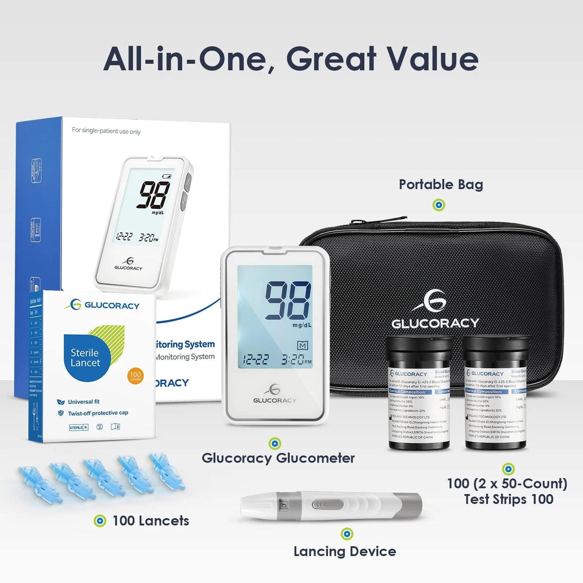 Glucoracy Blood Glucose Monitor Kit with 100 Sugar Test 100 Strips