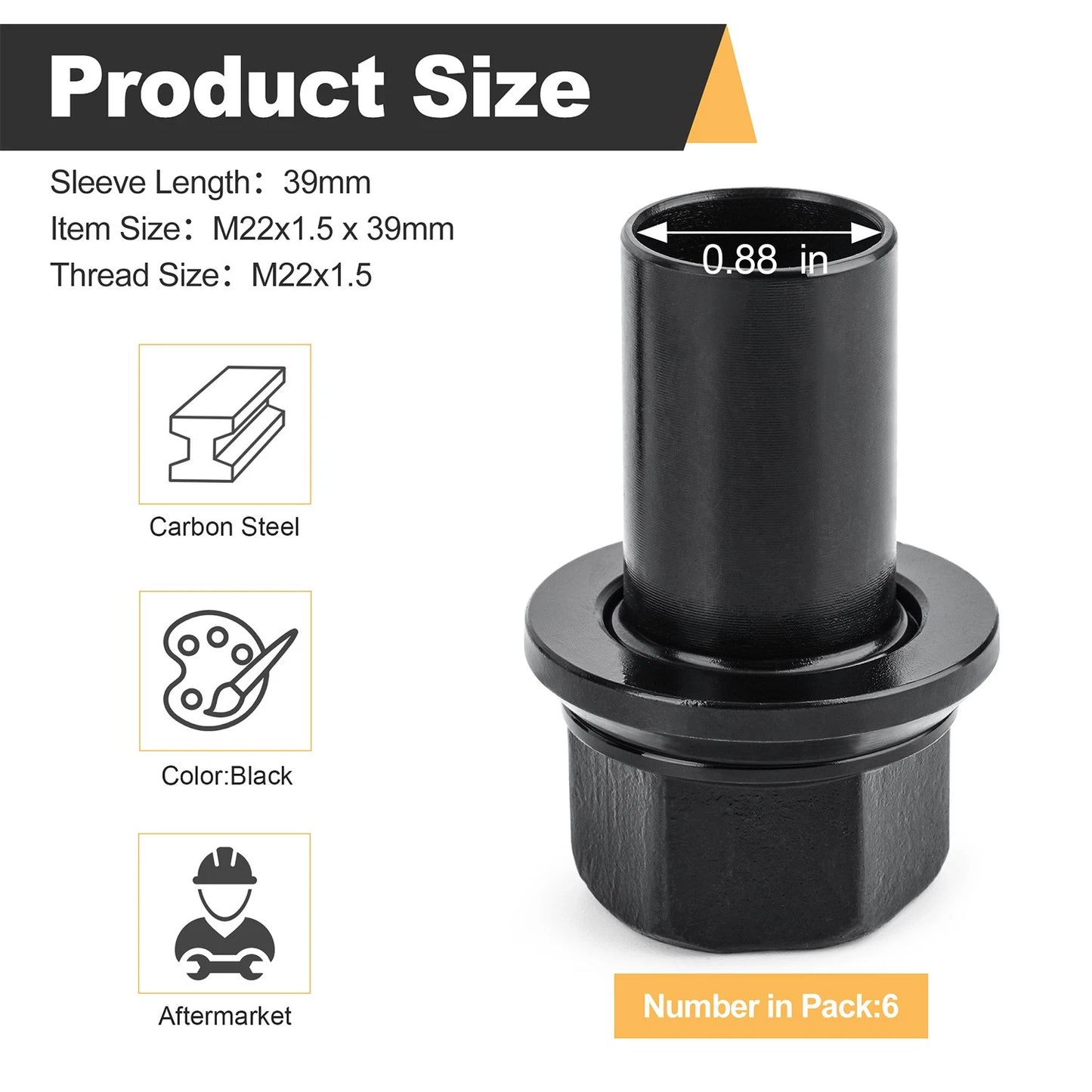 6-Piece 33mm Hex M22x1.5 Two-Piece Sleeve Lug Nuts, 39mm Shank