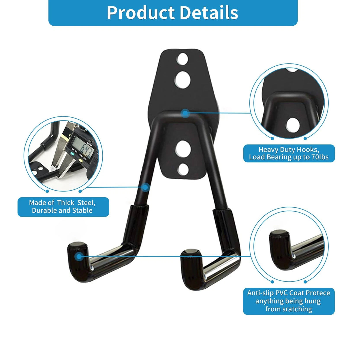 GeeWatom 2 Pack Garage Storage Utility Hooks，Garage Garden Tool Black