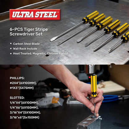 ULTRA STEEL 6-Piece Screwdriver Set with Wall Rack, Tiger Stripe Multi-color