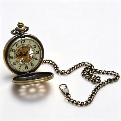Classic Mechanical Black Steampunk Skeleton Pocket Watch with Chain For Men