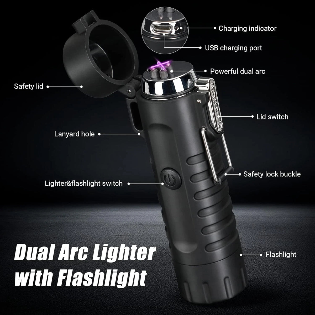 Scotte Plasma Windproof arc Lighter Electric and LED Flashlight Black